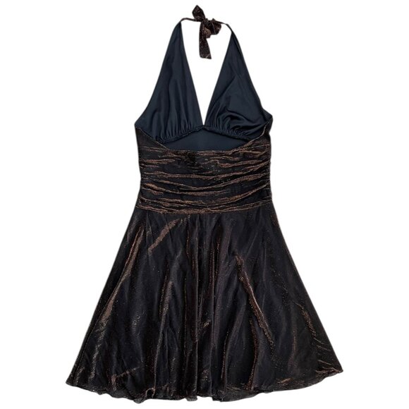 Vintage Y2K Metallic Halter Ruched Mini Dress Bronze Large Glam Party Holiday - Picture 2 of 8